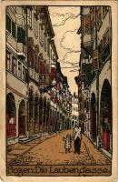 1918 Bolzano, Bozen (Südtirol); Die Laubengasse / street. Künstler-Stein-Zeichnung J. Gugler (EB)