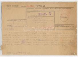 1954 Az Aranycsapatnak küldött távirat, a labdarúgó világbajnokság 2. helyezéséhez gratuláló szövegg...