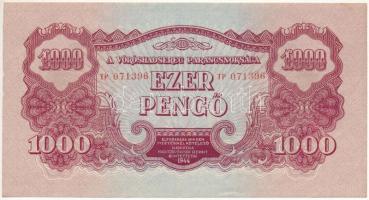 1944. 1000P "A Vöröshadsereg Parancsnoksága", "TP 071396" T:AU,XF hajtatlan, de apró anyaghiányok a baloldali élen / Hungary 1944. 1000 Pengő "Headquarters of the Red Army", "TP 071396" C:AU,XF unfolded but minor missing material on the left edge Adamo P48