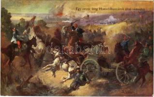 Egy orosz üteg Honvédhuszárok által támadva / WWI Austro-Hungarian K.u.K. military art postcard, hussars. B.K.W.I. Serie 889-9. s: B. Bélaváry J. (kopott sarkak / worn corners)