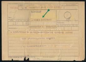 1956 Sebes Gusztáv (1906-1986) az Aranycsapat edzőjének írt távirat, születésnapjára küldött jókívánságokkal