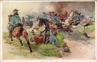 Ein siegreicher Kavallerieangriff der II. Schwadron der polnischen Legionen, bei welcher der Führer derselben, Rittmeister Dunin-Wasowicz den Heldentod fand. Offizielle Karte für Rotes Kreuz, Kriegsfürsorgeamt Kriegshilfsbüro Nr. 265. / WWI Austro-Hungarian K.u.K. military art postcard, Polish cavalry s: Fr. Jung (EK)