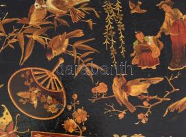 Régi kínai ékszeres doboz, kivehető többosztatú tálcával, kopott, 27x20x10 cm