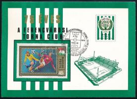 1974 75 éves a Ferencvárosi Torna Club emléklap nyomtatott aláírásokkal, alkalmi bélyegzéssel, sh,11x15cm