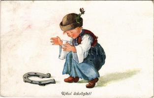 1919 Újévi üdvözlet! / New Year greeting art postcard, boy with a horseshoe (ázott sarok / wet corner)
