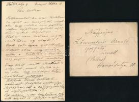 cca 1910 Mednyánszky László (1852-1919) festőművész autográf levele dr. Löwenstein Arnoldnak a Pallas Irodalmi Rt, igazgatójának. A Práter utcából küldött levélben arról ír, hogy vidéken nem festett csak rajzolt, és pályatársa Bettelheim Károly nehéz soráról ír, aki számára kölcsönt igényel Löwensteintől, és jelzi, hogy közelgő kiállítása után új tárgyú képeket fog festeni. Aláírás: Öreg kutya, alias Mednyánszky László. Három beírt oldal, egy borítékkal.