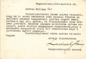 1943 Ladeczky János és Tóth Imre nagykanizsai hangszerkészítő és rádiószaküzlete, reklám / Hungarian...