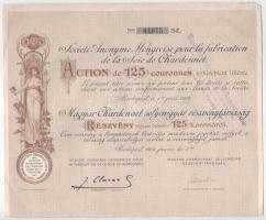 1904. Budapest "Magyar Chardonnet selyemgyár részvénytársaság" részvény 125K-ról magyar és francia nyelven, szelvényekkel, felülbélyegzéssel T:VF, az egyik szelvény ragasztott Hungary / Budapest 1904. "Magyar Chardonnet Silk Factory Share Company" Hungarian-French bilingual share about 125 Kronen, with coupons and cancellation C:VF, 1 coupon taped