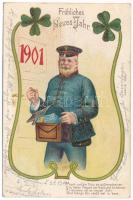 1900 Fröhliches Neues Jahr 1901. E.B. &amp; C.i.B 9284. / New Year greeting glitter decorated art postcard with clovers. litho (EK)