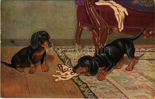 1931 Tacskók játszanak / Dachshund dogs playing. A.R. &amp; C.i.B. Nr. 1100 2/6. (EK)