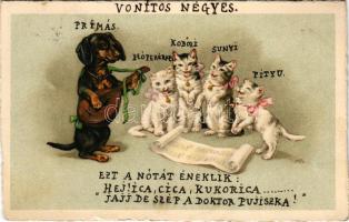 1931 Tacskó zenél, éneklő macskákkal, utólagos humoros feliratozással / Dachshund dog playing music with singing cats. litho (kis szakadás / small tear)