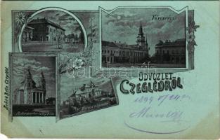1899 (Vorläufer) Cegléd, Népbank, református templom, városi Vigadó, városrész. Sebők Béla kiadása. Art Nouveau, floral (EM)
