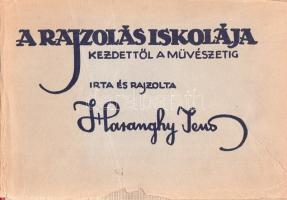 Haranghy Jenő:  A rajzolás iskolája. Kezdettől a művészetig. Írta és rajzolta Haranghy Jenő. 130 rajzoldallal és 32 műmelléklettel. Budapest, (1942). Győző Andor kiadása (Hungária Nyomda Rt.) 232 p. Haránt alakú kötet. Első kiadás. Haranghy Jenő (1894-1951) grafikusművész, festőművész, az Iparművészeti Iskola tanára. Az érdeklődő nagyközönség számára írt alapozó munkája beavat a vonalrajzolás, az árnyékolás, a perspektíva, az alakrajz, a kompozíció mesterségébe. Rajzpedagógiai munkája különlegessége, hogy külön fejezetet szán a gyermekrajz számára. A művész rajzai az 51., válogatott külföldi mesterek rajzai a 201. oldaltól. Az első előzéken régi tulajdonosi bejegyzések. Példányunk fűzése az első előzéknél meglazult. Feliratozott, javított kiadói félvászon kötésben, feliratozott, enyhén hiányos, kissé sérült kiadói védőborítóban.