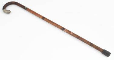 Fa sétabot, alpakka markolat résszel, kezet formázó gyűrű rátéttel, h: 86 cm