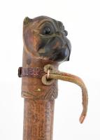 Régi keményfa túrabot, faragott kutya fejrésszel, h: 84 cm