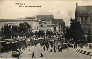 Wroclaw, Breslau; Blick in die Schweidnitzerstrasse. Dr. Trenkler Co. (Leipzig) 1907. Brs. 130. / street, tram, church