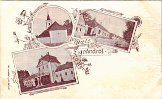 Ligvánd, Nebersdorf (Szabadbáránd, Großwarasdorf); Római katolikus templom és plébánia, Gróf Niczky kastélya. Kummert Lajos kiadása / Catholic church and parish, castle. Art Nouveau, floral (EB)