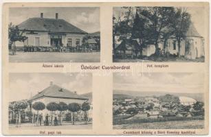 1916 Csombord, Ciumbrud; Állami iskola, Református templom és paplak, látkép, Báró Kemény kastély. Lang Henrik fényképészeti műterme kiadása (Brassó) / school, Calvinist church and rectory, general view with castle (ázott sarkak / wet corners)