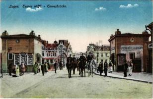 Lugos, Lugoj; Temes hídfő, Merzig Jakab üzlete. K.J. kiadása 1916/20. / Temesbrücke / bridge, shops (kopott sarkak / worn corners)