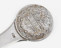 Ezüst (Ag) arab érmével díszített levélnyitó kés, jelzett, h: 16,5 cm, 25g