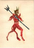 Krampusz. Bélyegekből kivágott és összeragasztott képeslap. Budai nyomda / Krampus. Made out of stamps