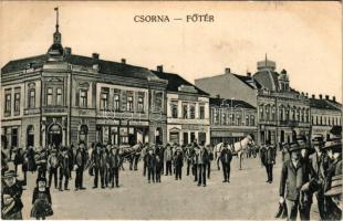 1922 Csorna, főtér, vasudvar, Párisi Nagyáruház, üzletek. Martincsevics Károly kiadása (EK)