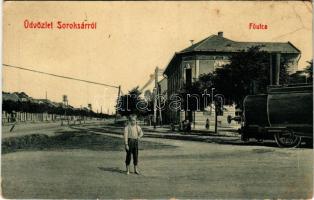 1915 Budapest XXIII. Soroksár, Fő utca, HÉV (Helyiérdekű Vasút) állomás, gőzmozdony, vonat. W.L. Bp. 5474. Özv. Stump Jánosné kiadása (EB)