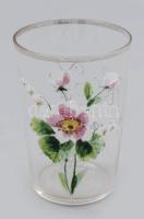 1906 Zománcfestett virágmintás emlékbögre, kis pattogzással, m: 10 cm