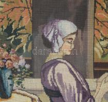 Dekoratív nagy méretű fa keret, sérüléssel. Benne gobelin. 45x52 cm