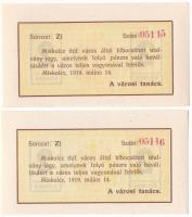 Miskolc 1919.05.14. 2K (2x) sorszámkövető pár "Miskolcz város" utalvány-jegyek, sorszámmal...