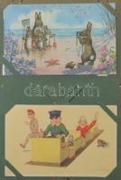 Kb. 120 db főleg RÉGI motívum képeslap albumban: sok művész és üdvözlő / Cca. 120 mostly pre-1960 motive postcards in an album: many art and greeting