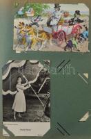 Kb. 120 db főleg RÉGI motívum képeslap albumban: sok művész és üdvözlő / Cca. 120 mostly pre-1960 mo...