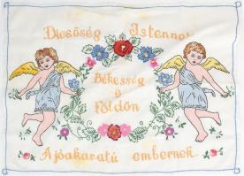 Hímzett falvédő, "Dicsőség Istennek, békesség a Földön a jóakaratú embernek" felirattal, 46x70 cm