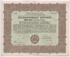 Budapest 1925. "Magyar Királyság 5%-kal kamatozó Járadékkölcsön Államadóssági Kötvény" 250.000K-ról + 1.000.000K-ról (2x) sorszámkövetők, szelvényekkel T:F