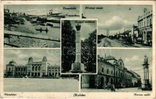 1937 Mohács, Duna részlet, Fő utca, Városháza, Korona szálloda, Lengyel emlékmű (ragasztónyom / glue marks)