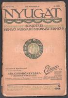 1911 Nyugat. IV. évf. 22. sz. 1911. nov. 16. Főszerk.: Ignotus. Szerk.: Fenyő Miksa, és Osvát Ernő. Bp., Nyugat, 785-872 p. A borító Falus Elek munkája. Benne Szép Ernő, Ady Endre, Babits Mihály és mások írásaival. Benne reklámlapokkal, 3 db: közte Hat magyar festő műlapja (Berény Róbert, Czóbel Béla, Fényes Adolf, Kernstok Károly, Pór Bertalan, és Rippl-Rónai József) megrendelőlap, Móricz Zsigmond matiné a Vigszínházban (1911), a színészek között Blaha Lujza, Hegedüs Gyula, Szerémy Zoltán, Vendrey Ferenc. Kiadói papírkötés, széteső állapotban.