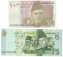 Pakisztán 2015. 10R + 2022. 75R "A függetlenség 75. évfordulója" emlékkiadás T:UNC Pakistan 2015. 10 Rupees + 2022. 75 Rupees "75 Years of Independence" commemorative banknote C:UNC Krause P#?45, P# W56
