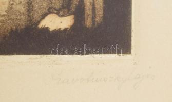 Pravotinszky Lajos (1880-1932): Patak parton. Színes rézkarc, papír. 23x15 cm
 Üvegezett keretben