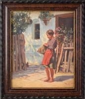 Mérő István (1888-1960): Lány napfényes udvaron. Olaj, karton, jelezve jobbra lent. Dekoratív fakeretben. 33x28 cm.