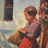 Mérő István (1888-1960): Lány napfényes udvaron. Olaj, karton, jelezve jobbra lent. Dekoratív fakere...