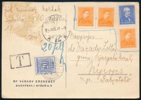 1940 Levelezőlap 4 db már érvénytelen Arcképek bélyeggel érvénytelenítés nélkül Budapestről Nyirjesre küldve, 20f portóval