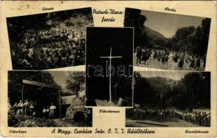 1939 Putnok-Ilona-forrás, A Magyar Cserkész Szövetség OTI üdülőtábora, étkezés, táborkapu, táborkereszt, fürdés, zászlófelvonás. Pongo Kálmán kiadása (gyűrődések / creases)