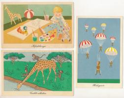 9 db MODERN használatlan Képzőművészeti Alap motívum képeslap: humoros retro grafikai lapok Réber Lá...