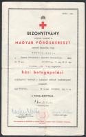 1942 Bp., a Magyar Vöröskereszt ápolónői szakosztálya által kiállított bizonyítvány házi betegápolási tanfolyam elvégzéséről, aláírásokkal, hajtva, apró lapszéli szakadással, 34x21 cm