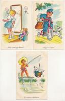 3 db MODERN használatlan Képzőművészeti Alap motívum képeslap: humoros retro grafikai lapok Macskássy János rajzaival