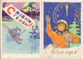 4 db modern szovjet grafikai képeslap mesefigurákkal