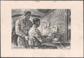 Gönczi Béla (1934- ): A műszerfalnál. Rézkarc, papír, jelzett, lapszéli ragasztásnyomokkal, 20x29 cm