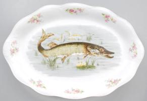 cca 19. sz. vége, Nagyméretű halszervírozó tál, kézzel sorszámozott, kopással, 49x33 cm