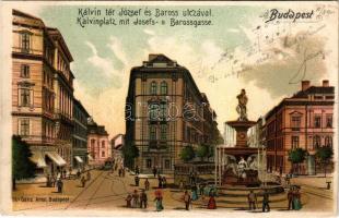 1901 Budapest VIII. Kálvin tér, József és Baross utca, villamos, gyógyszertár, szökőkút. litho