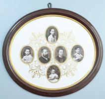 Ovális porcelánkép családi portrékkal, aranyszínű mintával díszítve, fakeret hatását keltő festett szegéllyel, cca. XX. sz. eleje, jelzés nélkül, fali akasztóval, 34,5x39 cm